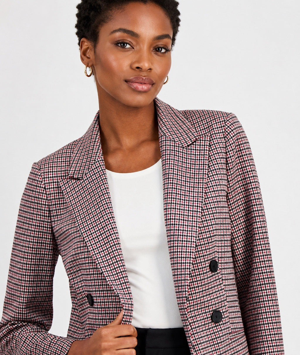 Bar III Pomegranate  Multi Check Mid-Length Blazer Womens Juniors M Long Sleeve