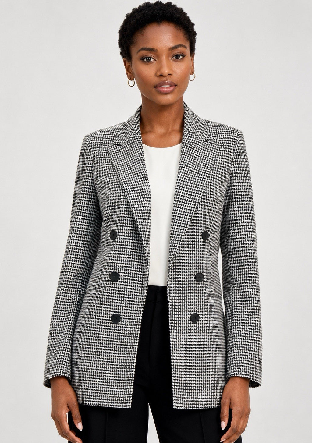Bar III Black White Houndstooth Double-Breasted Blazer Juniors XS Mid-Length