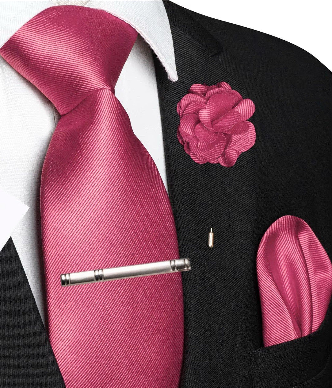 Men's pink Solid Designer Tie Set w/ Pocket Square, Lapel Pin, Clip