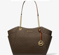 Michael Kors Brown MK Logo Shoulder Bag Chain Strap Charm Zip Lined Pockets