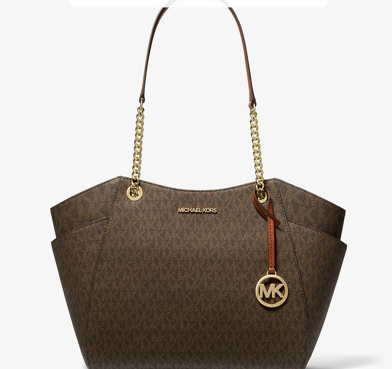 Michael Kors Brown MK Logo Shoulder Bag Chain Strap Charm Zip Lined Pockets