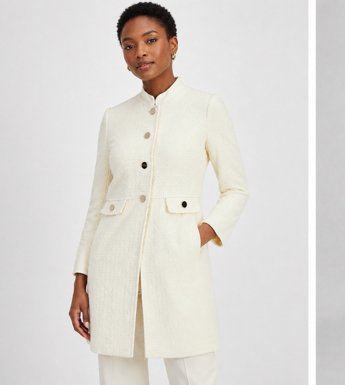 Ivory Buttoned Mid-Length Women's Overcoat with Pockets