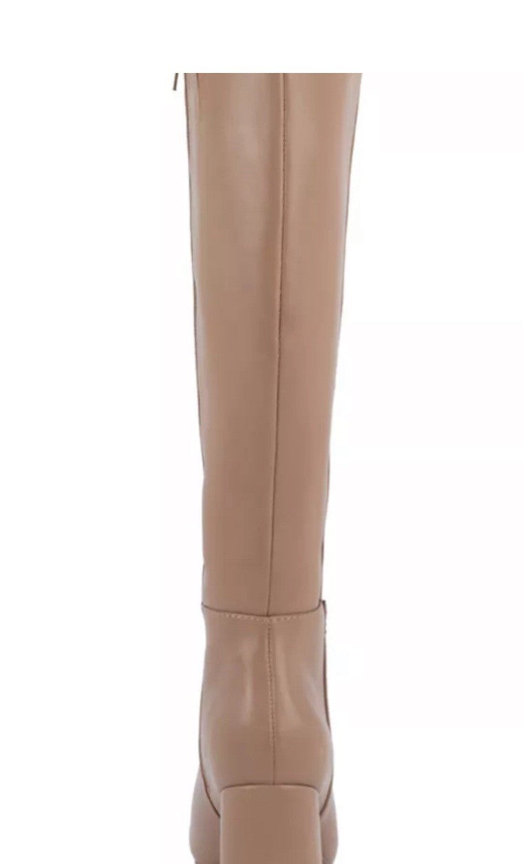 Women’s Beige Knee High Riding Boots Solid Pattern Block Heel Boot