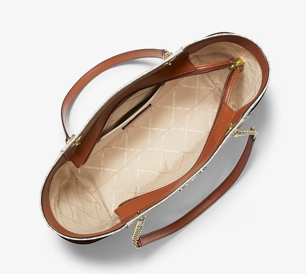 Michael Kors Monogram Tote Beige/Brown Chain Strap, Bag Charm, Pockets