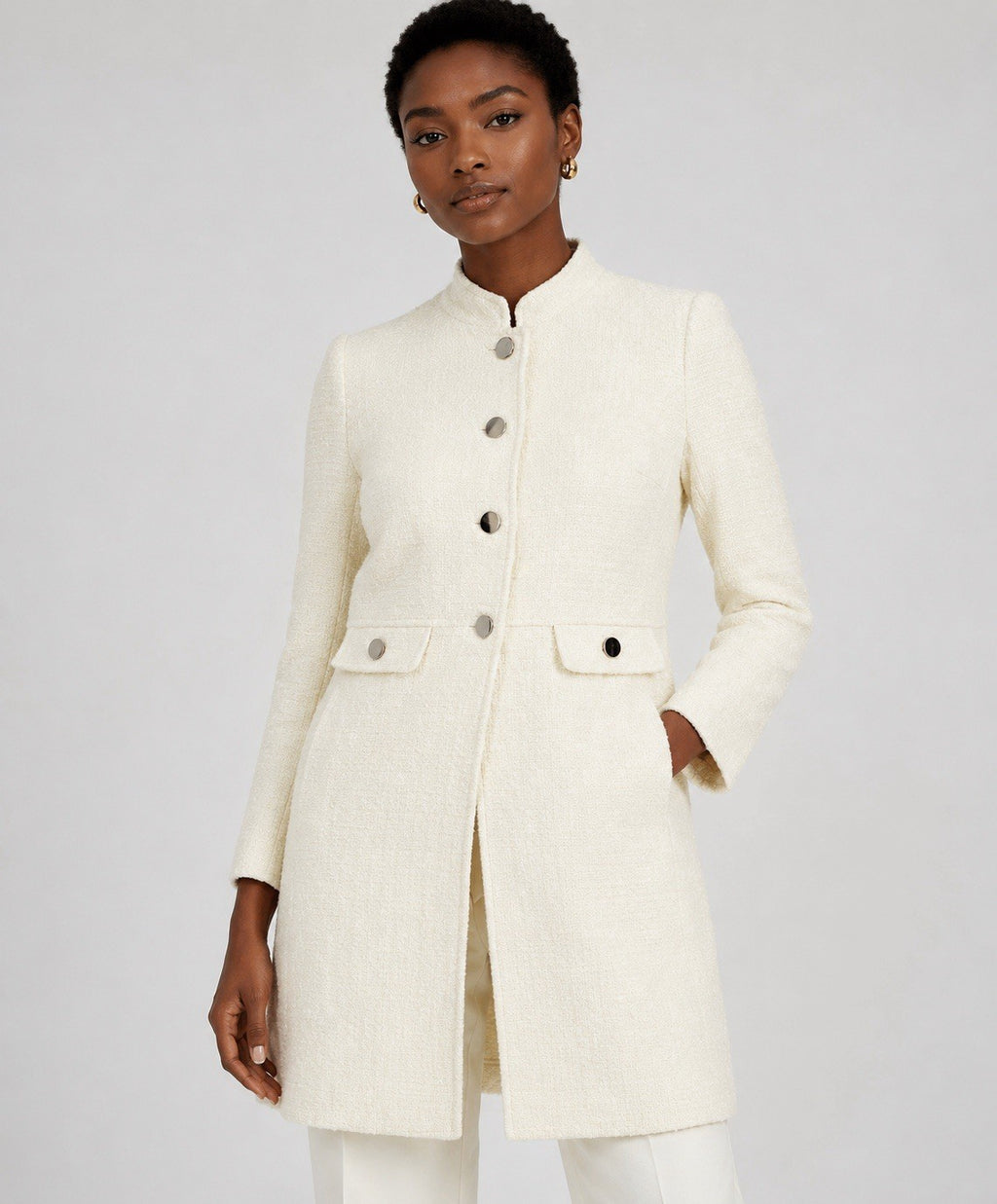 Ivory Buttoned Mid-Length Women's Overcoat with Pockets