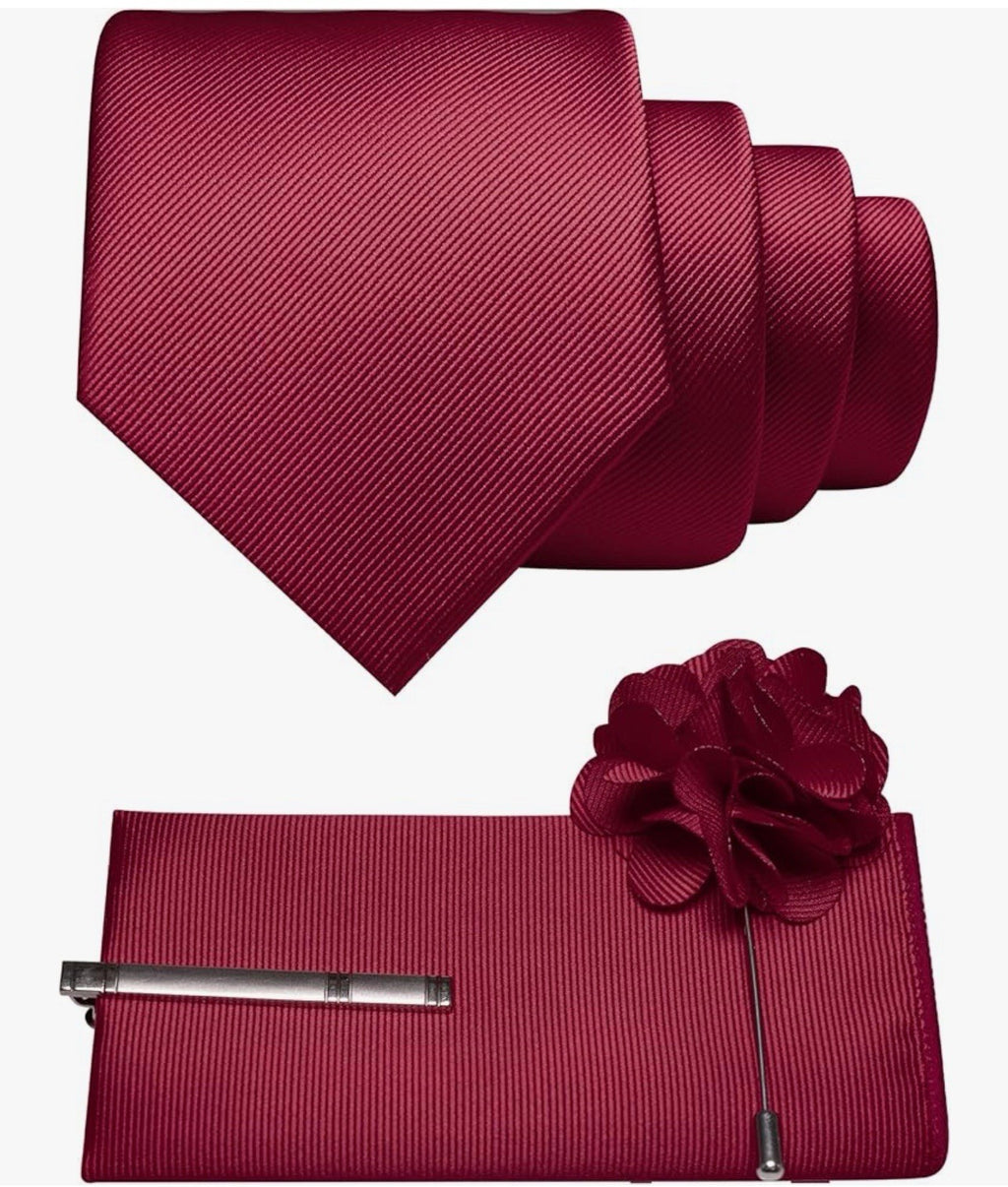 Men's pink Solid Designer Tie Set w/ Pocket Square, Lapel Pin, Clip