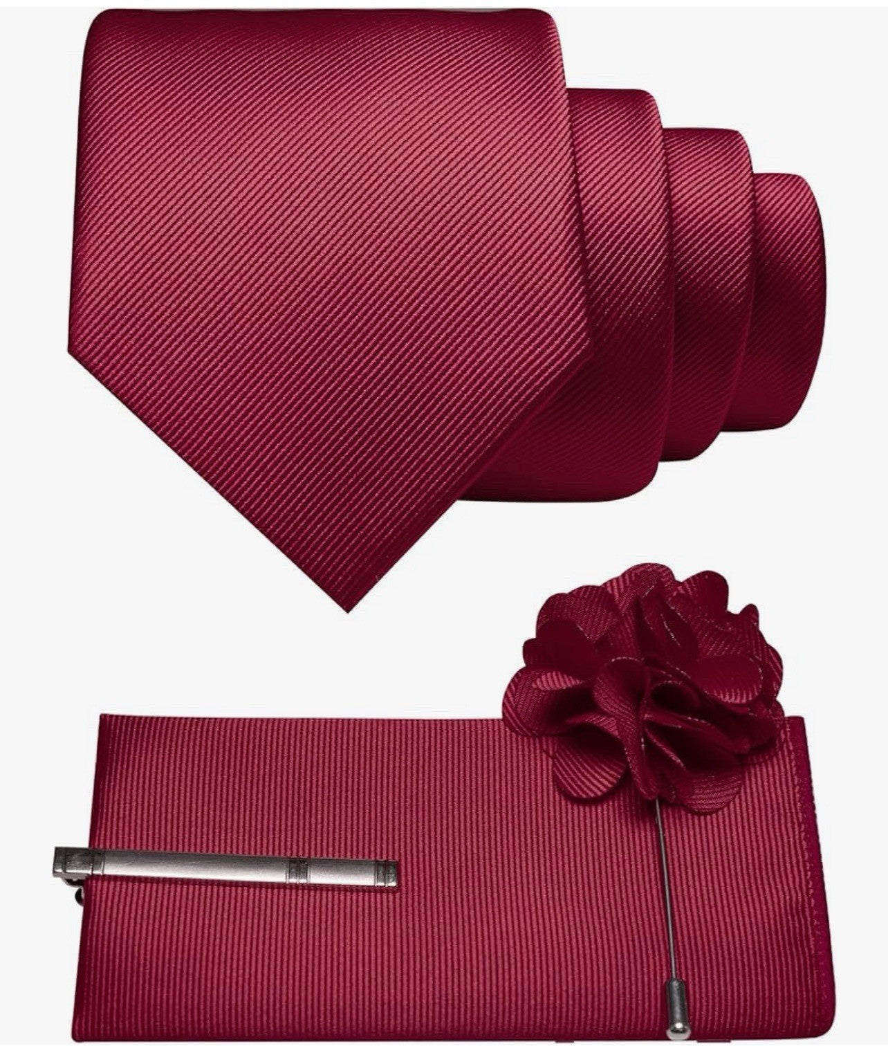 Men's pink Solid Designer Tie Set w/ Pocket Square, Lapel Pin, Clip