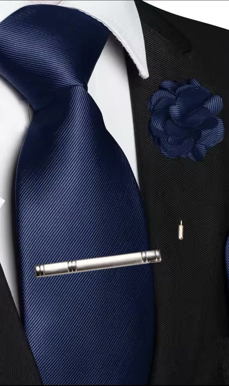 Men's Blue Solid Pointed Necktie 4-Piece Set with Tie Bar & Lapel Pin