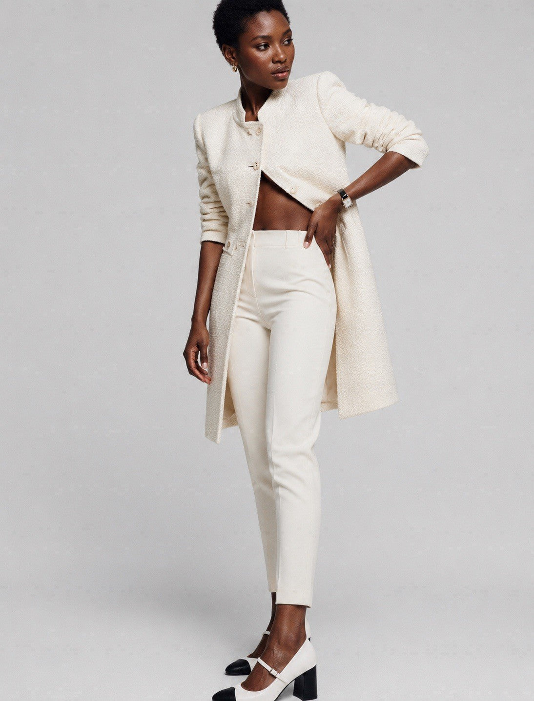 Ivory Buttoned Mid-Length Women's Overcoat with Pockets