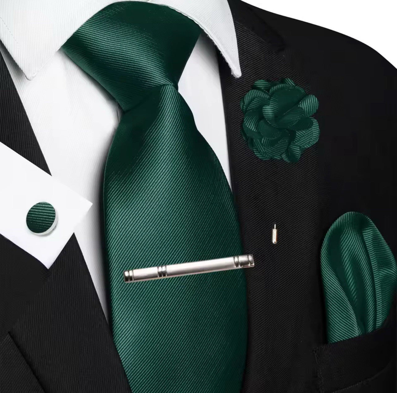 Men’s Green Solid Pointed Necktie Set with Matching Tie Bar Accessory