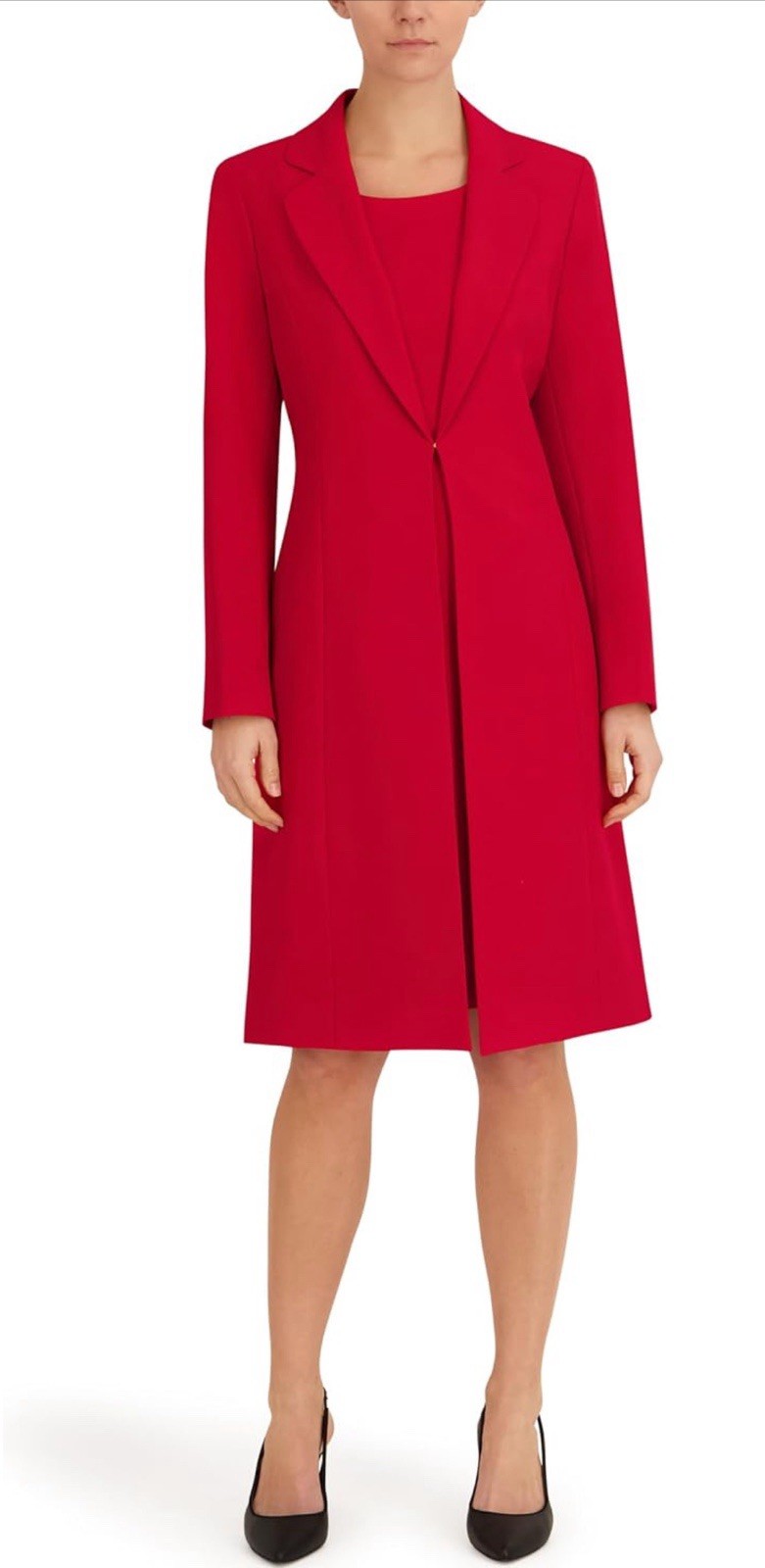 Le Suit Petites 8P Red 2pc Dress Suit Long 1-Button Jacket Sheath Dress