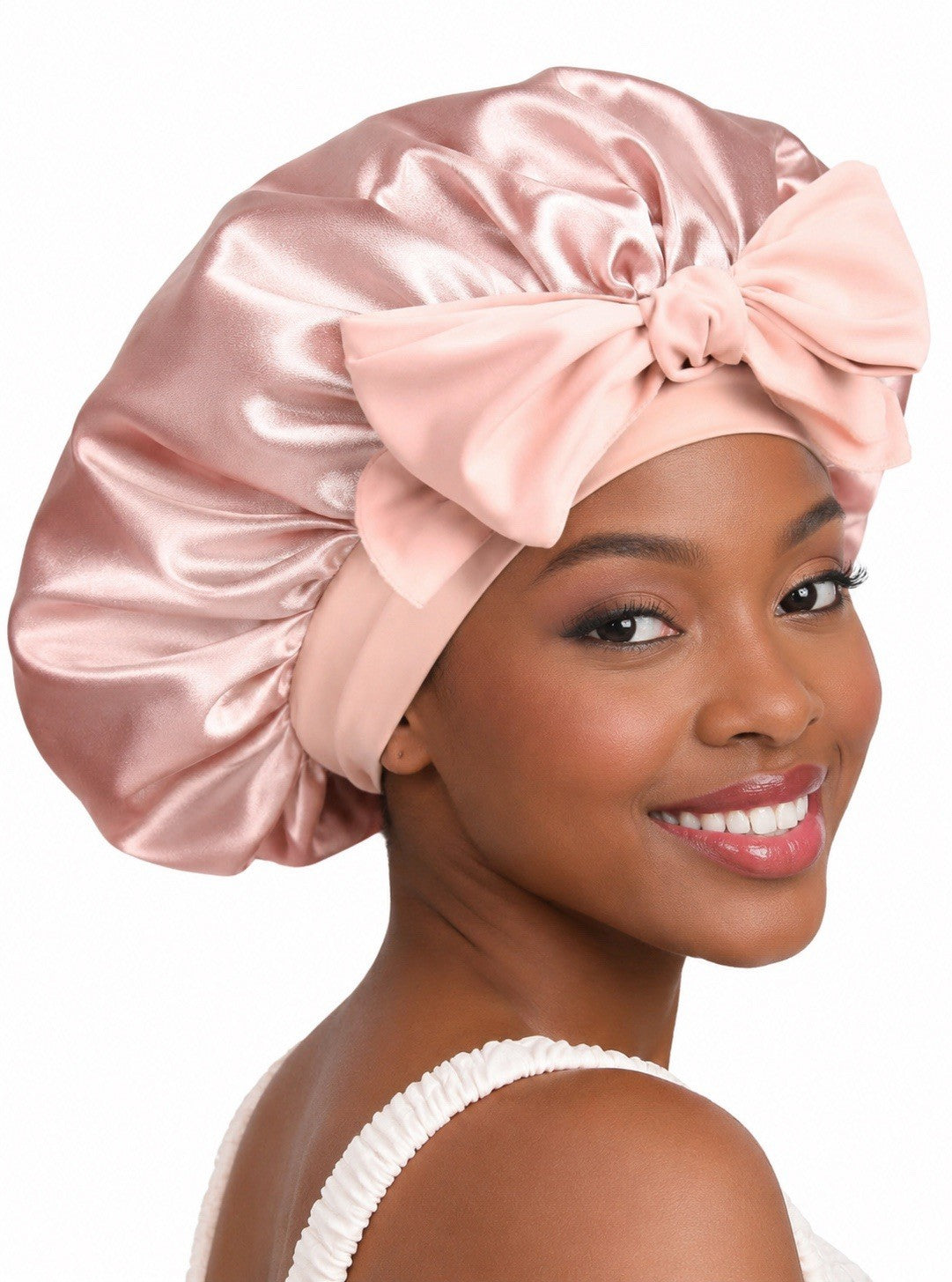 Women’s Pink Satin Adjustable Hair Bonnet Sleep Cap with Bow, Solid