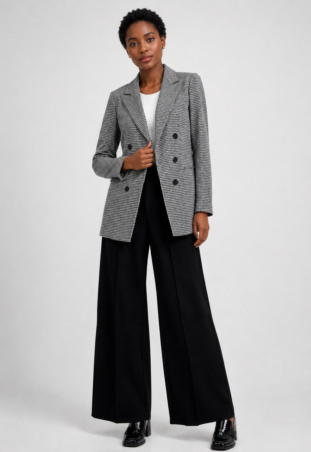 Bar III Black White Houndstooth Double-Breasted Blazer Juniors XS Mid-Length