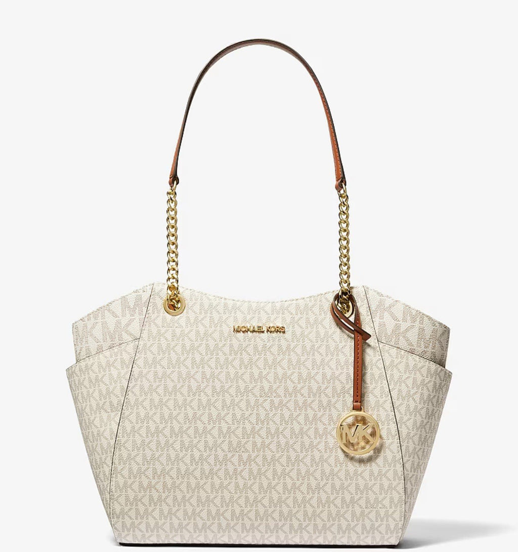 Michael Kors Monogram Tote Beige/Brown Chain Strap, Bag Charm, Pockets