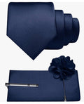 Men's Blue Solid Pointed Necktie 4-Piece Set with Tie Bar & Lapel Pin