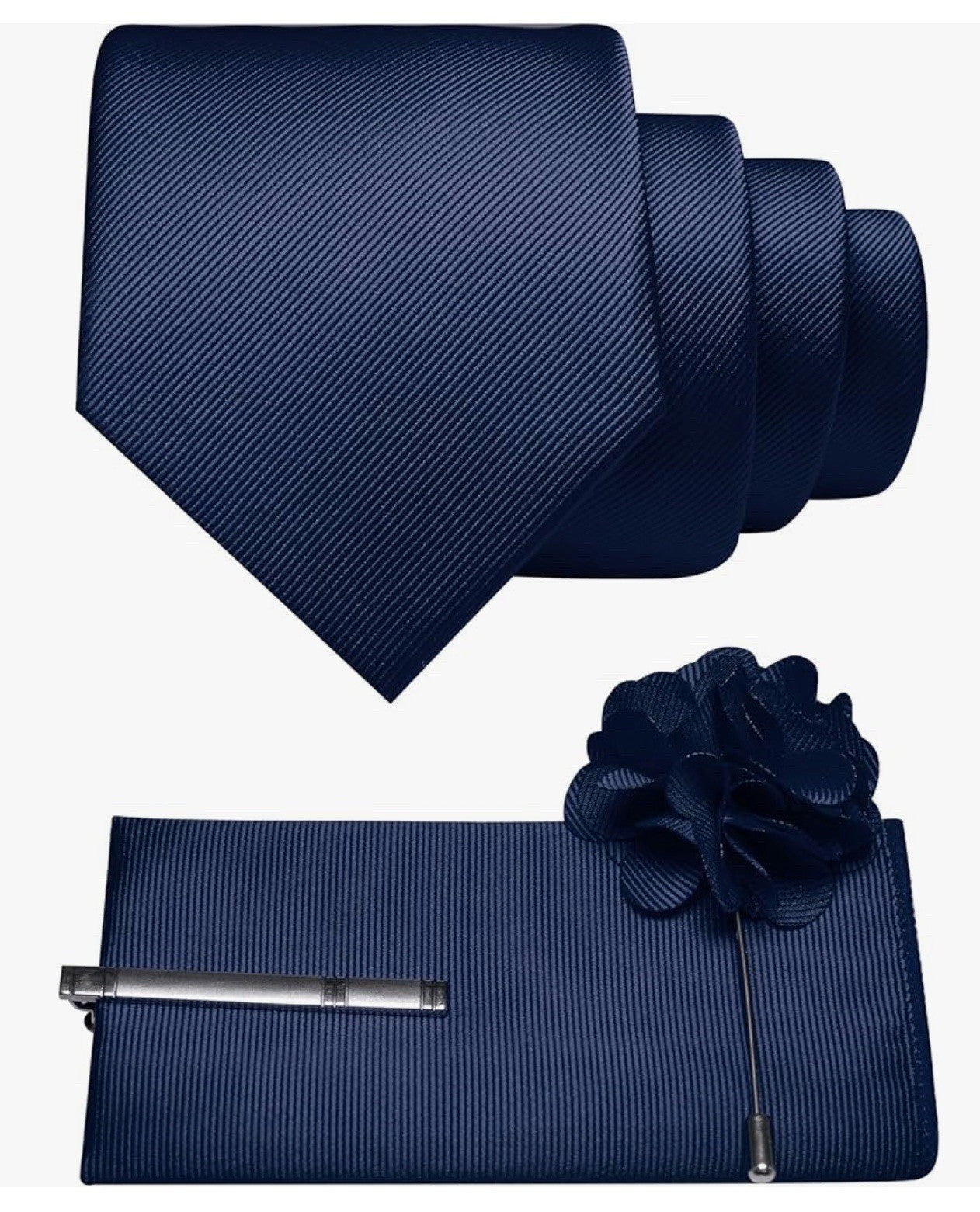 Men's Blue Solid Pointed Necktie 4-Piece Set with Tie Bar & Lapel Pin