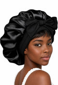 Women's Black Satin Hair Bonnet Sleep Cap, Solid One Size, Bow Accent