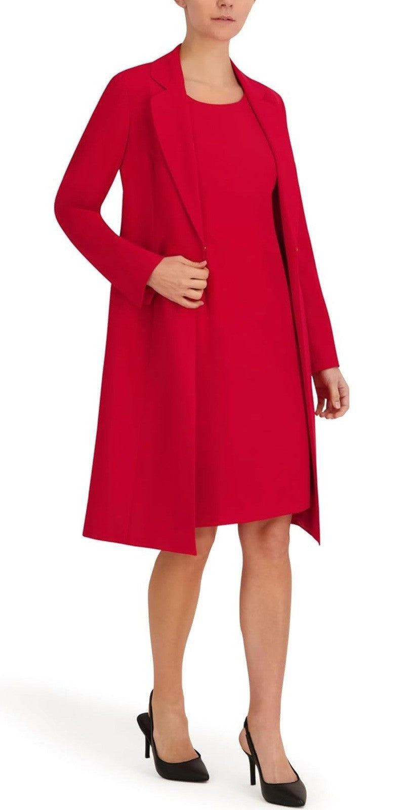 Le Suit Women’s Size 6 Red 2pc Dress Suit Long 1-Button Notch Jacket Dress