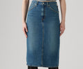 Blue Denim Midi Pencil Skirt High Rise Button Accent Pockets Cotton Women's