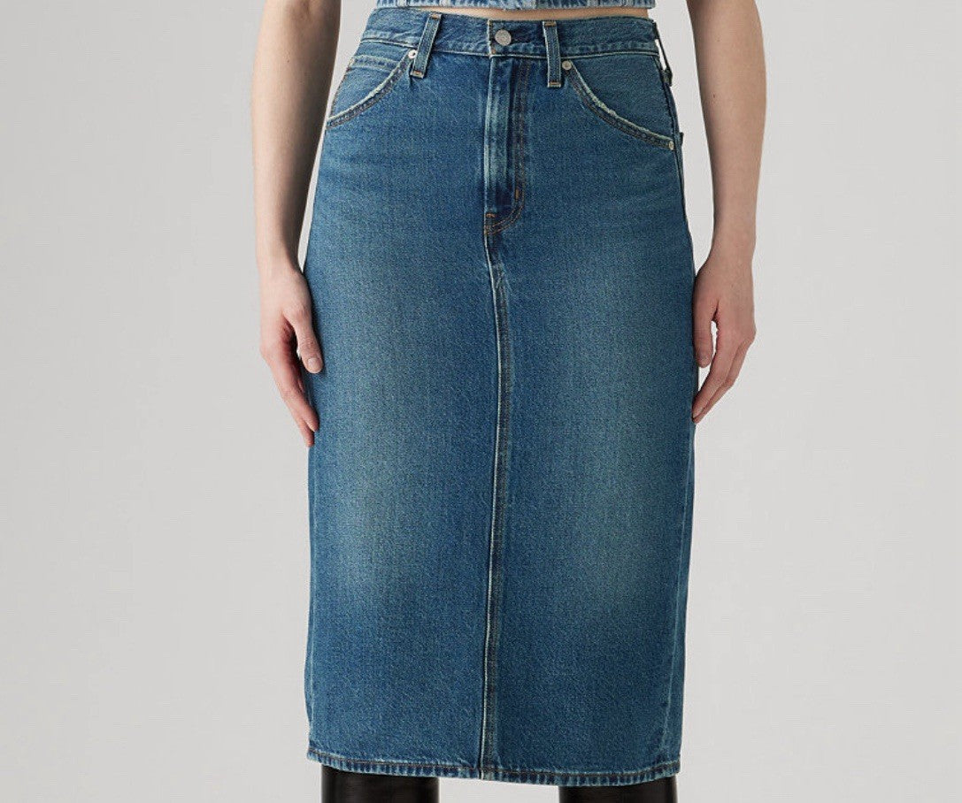 Blue Denim Midi Pencil Skirt High Rise Button Accent Pockets Cotton Women's
