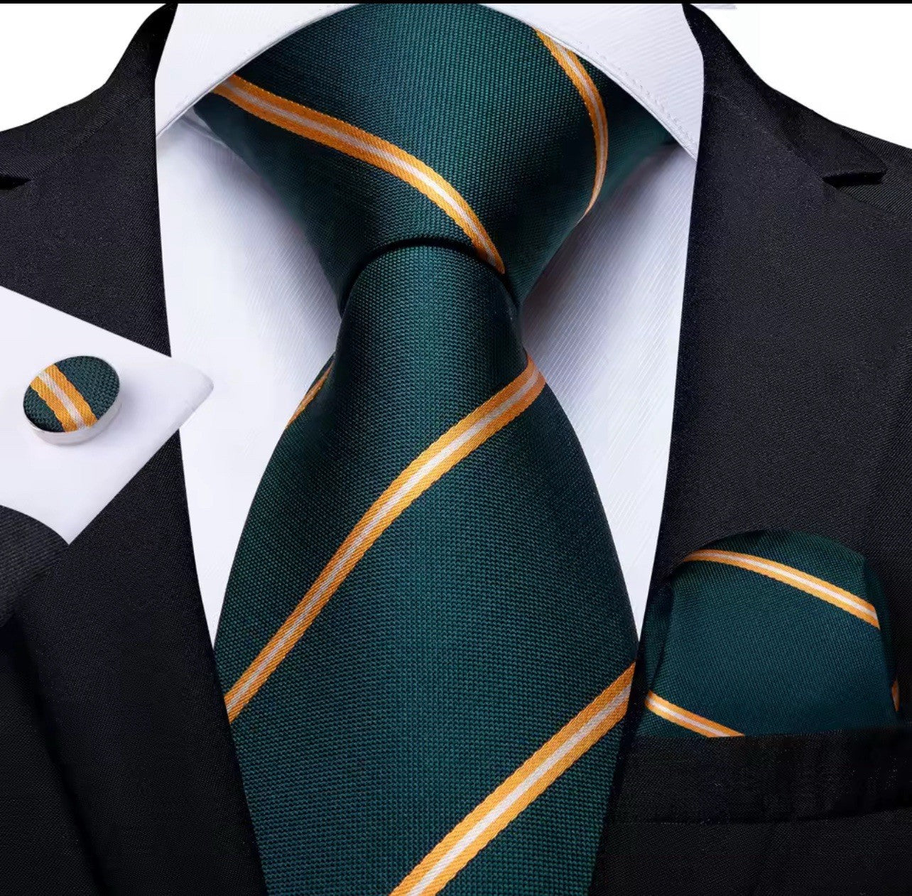Men's Green Gold White Striped Pointed Tie Necktie for Men