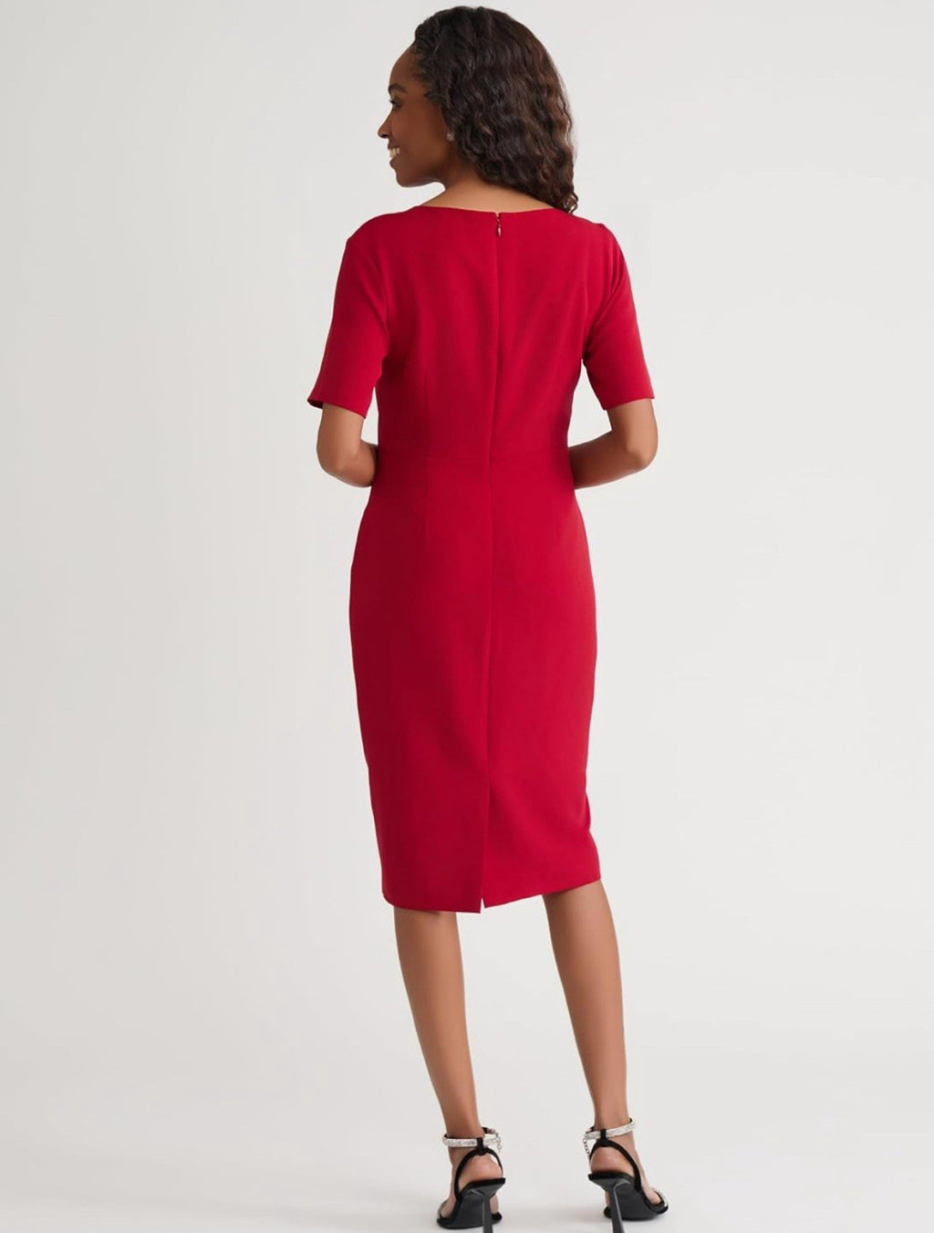 Kasper Petites 10P Red/Black Solid Sheath Dress Asym Neck Short Sleeve