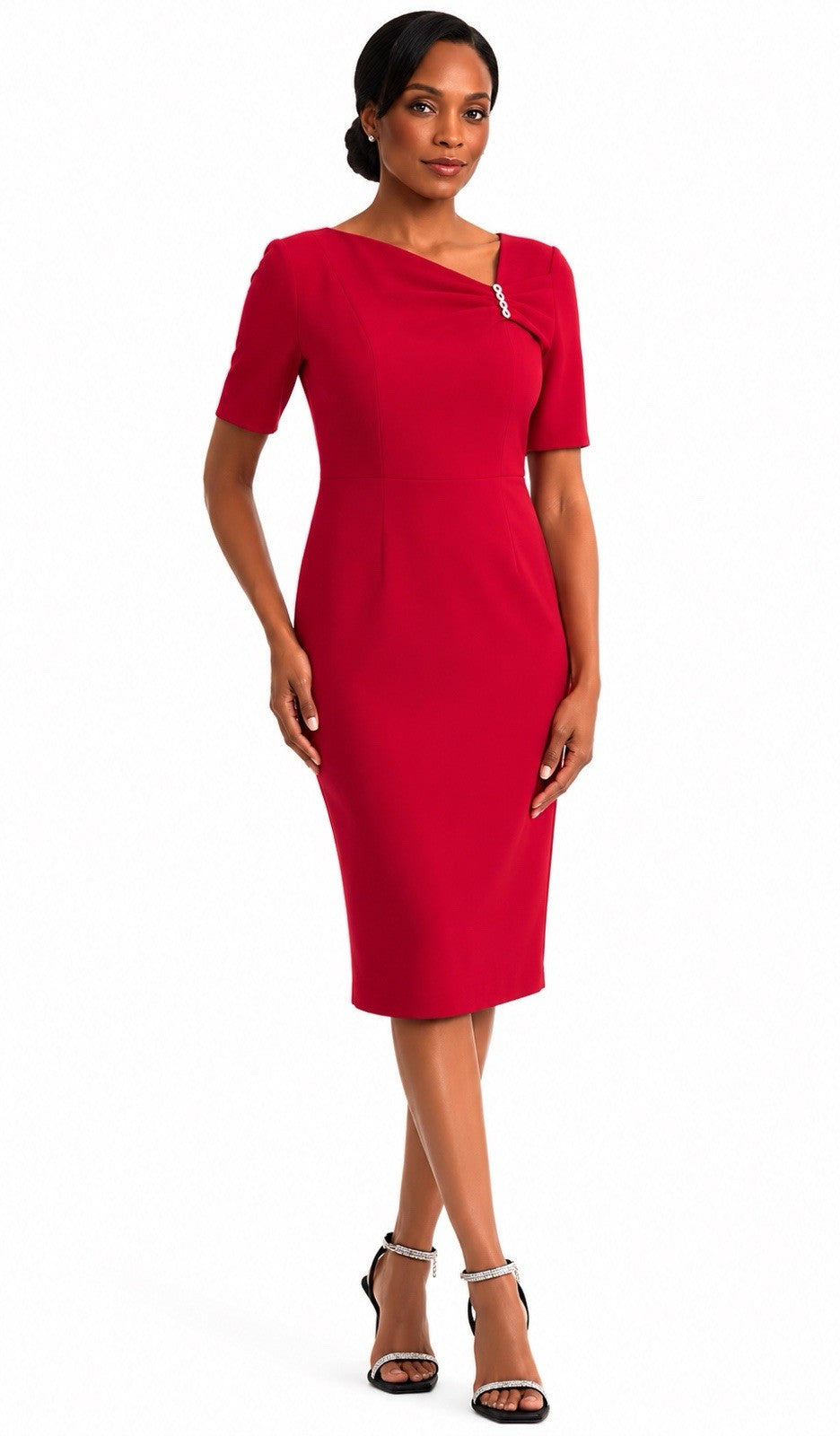 Kasper Women’s Red Solid V-Neck Sheath Dress Short Sleeve Polyester 8P