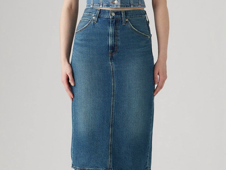 Blue Denim Midi Pencil Skirt High Rise Button Accent Pockets Cotton Women's
