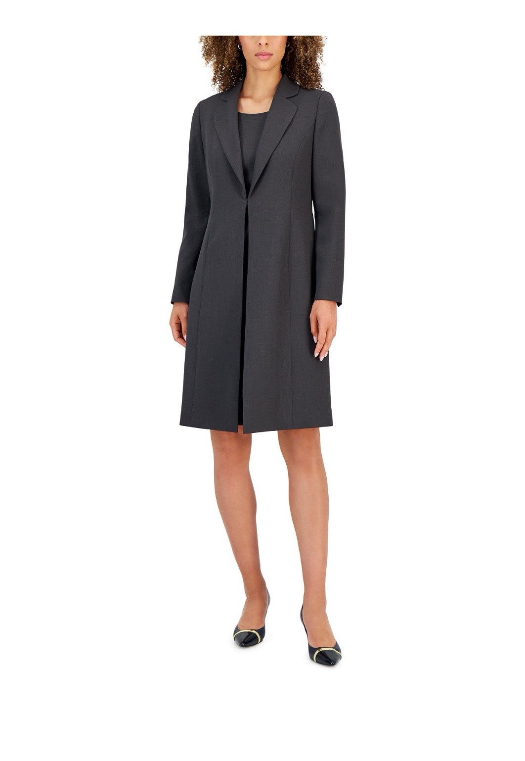 Le Suit Charcoal Solid Mid-Length Overcoat Womens 10 Long Sleeve Lined Button