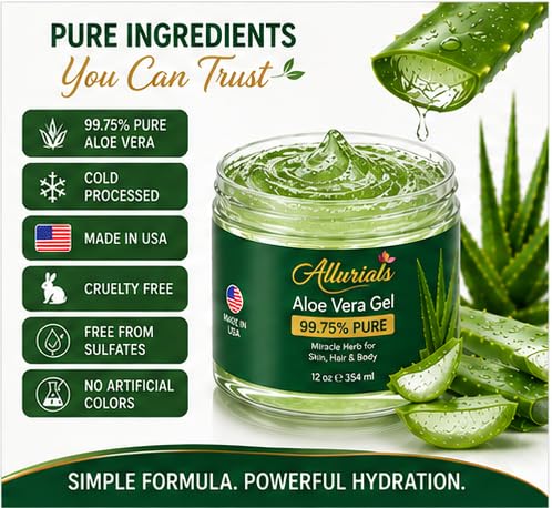Allurials Aloe Vera Gel from USA's Freshly Cut Pure Organic Aloe, 12 Oz