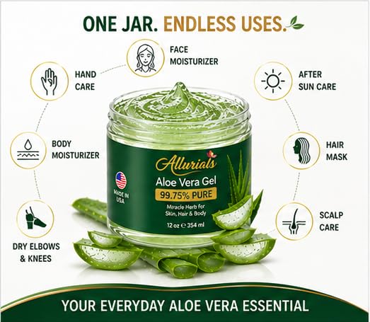 Allurials Aloe Vera Gel from USA's Freshly Cut Pure Organic Aloe, 12 Oz