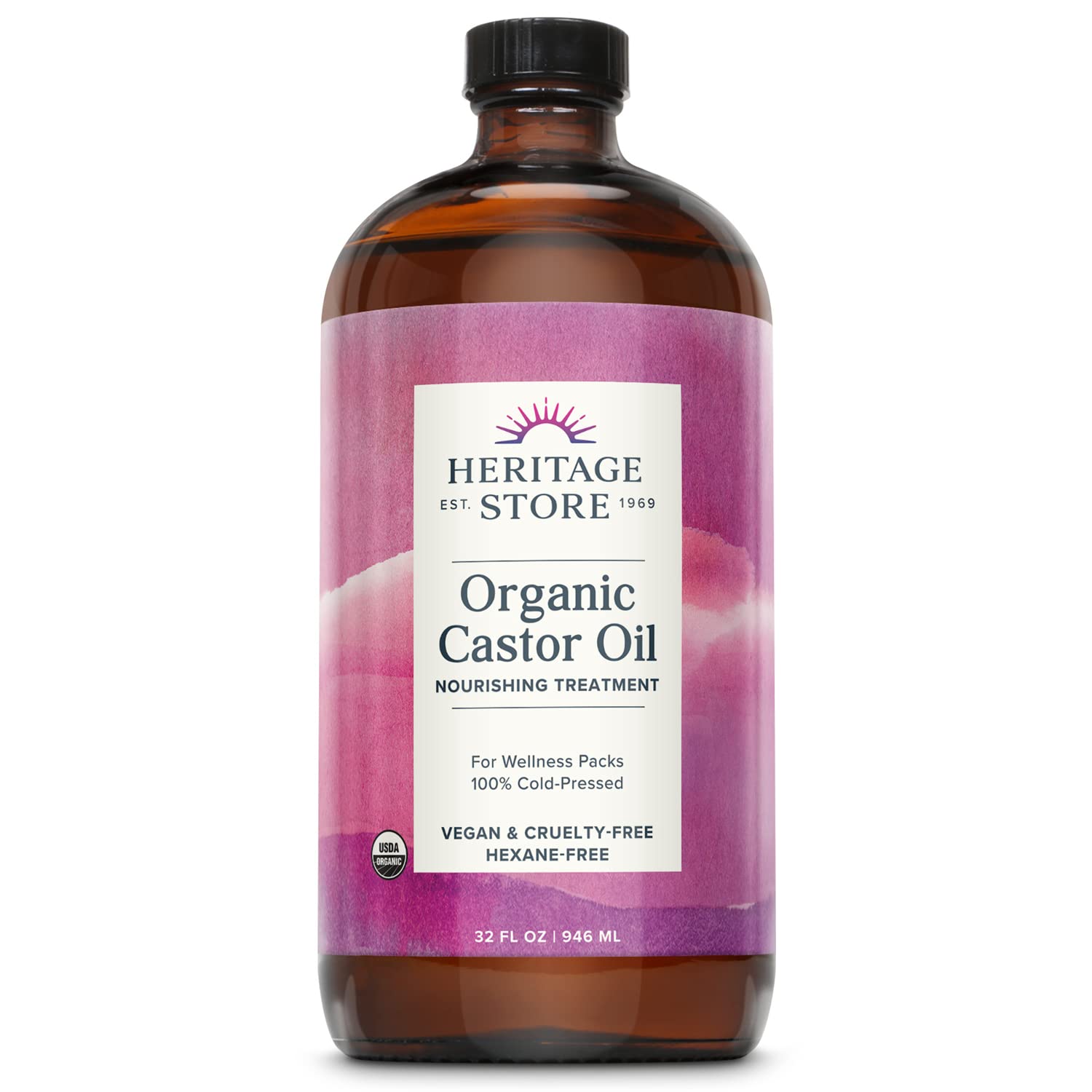 HERITAGE STORE Organic Castor Oil - Glass Bottle - Nourishing Treatment for Hair and Skin - Eyelash Serum for Eyelashes, Brows, Castor Oil Packs - Cold Pressed, Hexane Free, Vegan 16oz