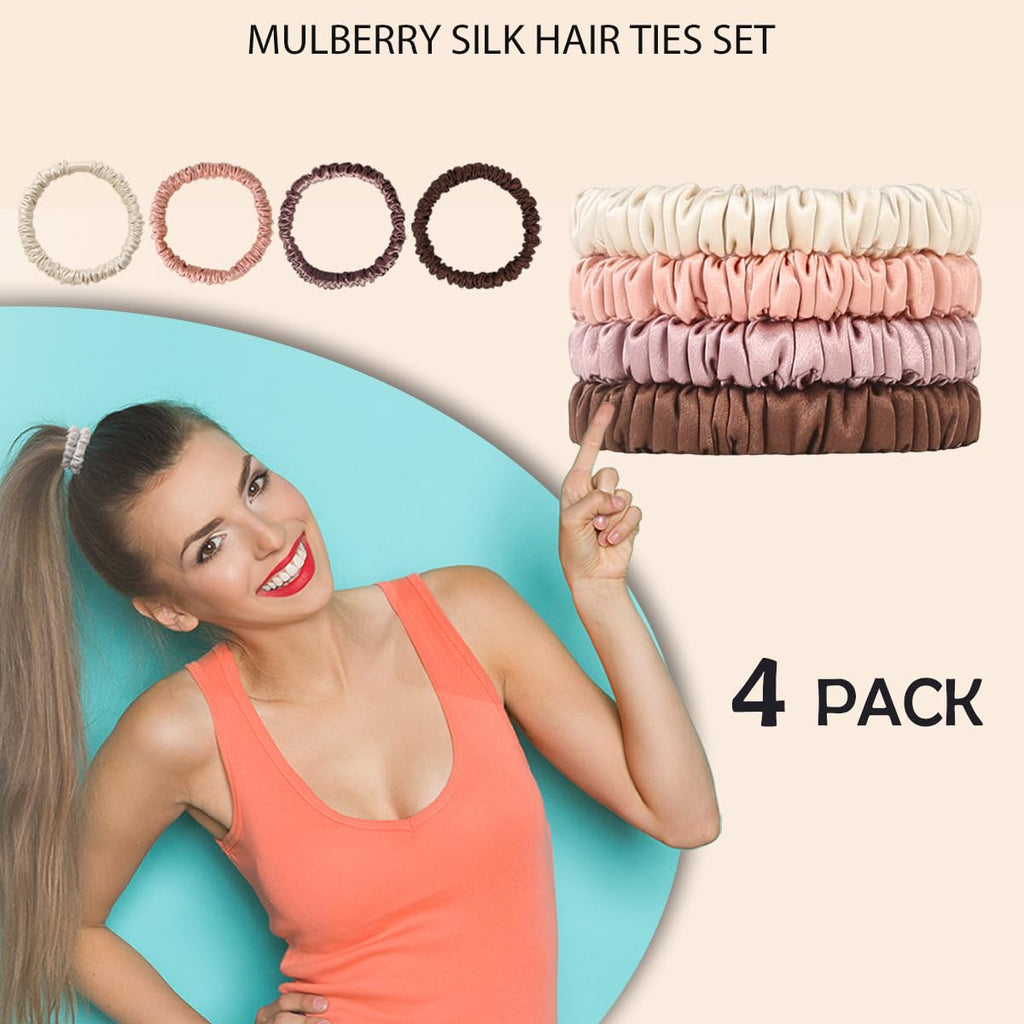 Mulberry Silk Hair Ties 4 PCS, 100% Pure 22 Momme Mulberry Silk Hair Scrunchies for Women Sleep, Elastics Hair Care No Damage, (Champagne Gold*4)