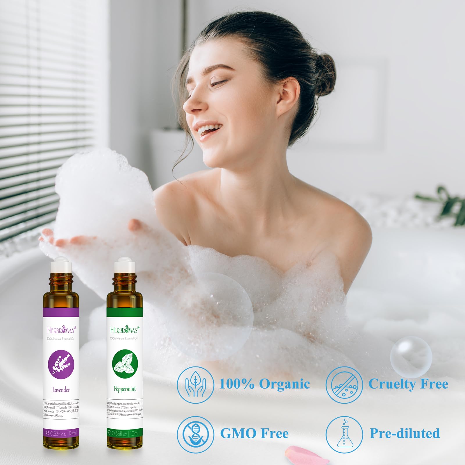 Essential Oil Roll On Set with Lavender, Peppermint, Eucalyptus & Grapefruit, Tea Tree & Vanila - Aromatherapy Relaxation Gift for Women - 6 Pack of 10ml Roll-Ons