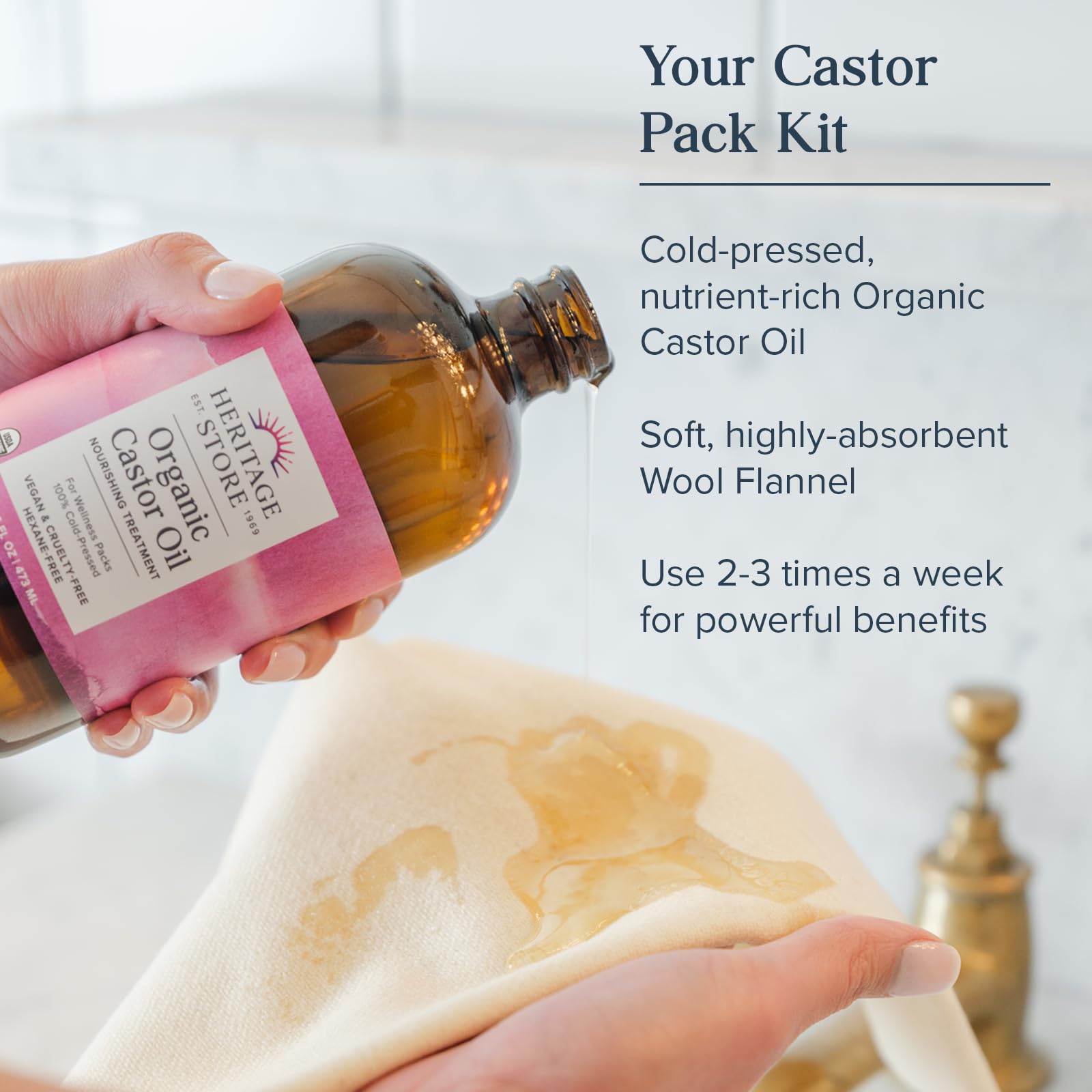 HERITAGE STORE Organic Castor Oil - Glass Bottle - Nourishing Treatment for Hair and Skin - Eyelash Serum for Eyelashes, Brows, Castor Oil Packs - Cold Pressed, Hexane Free, Vegan 16oz