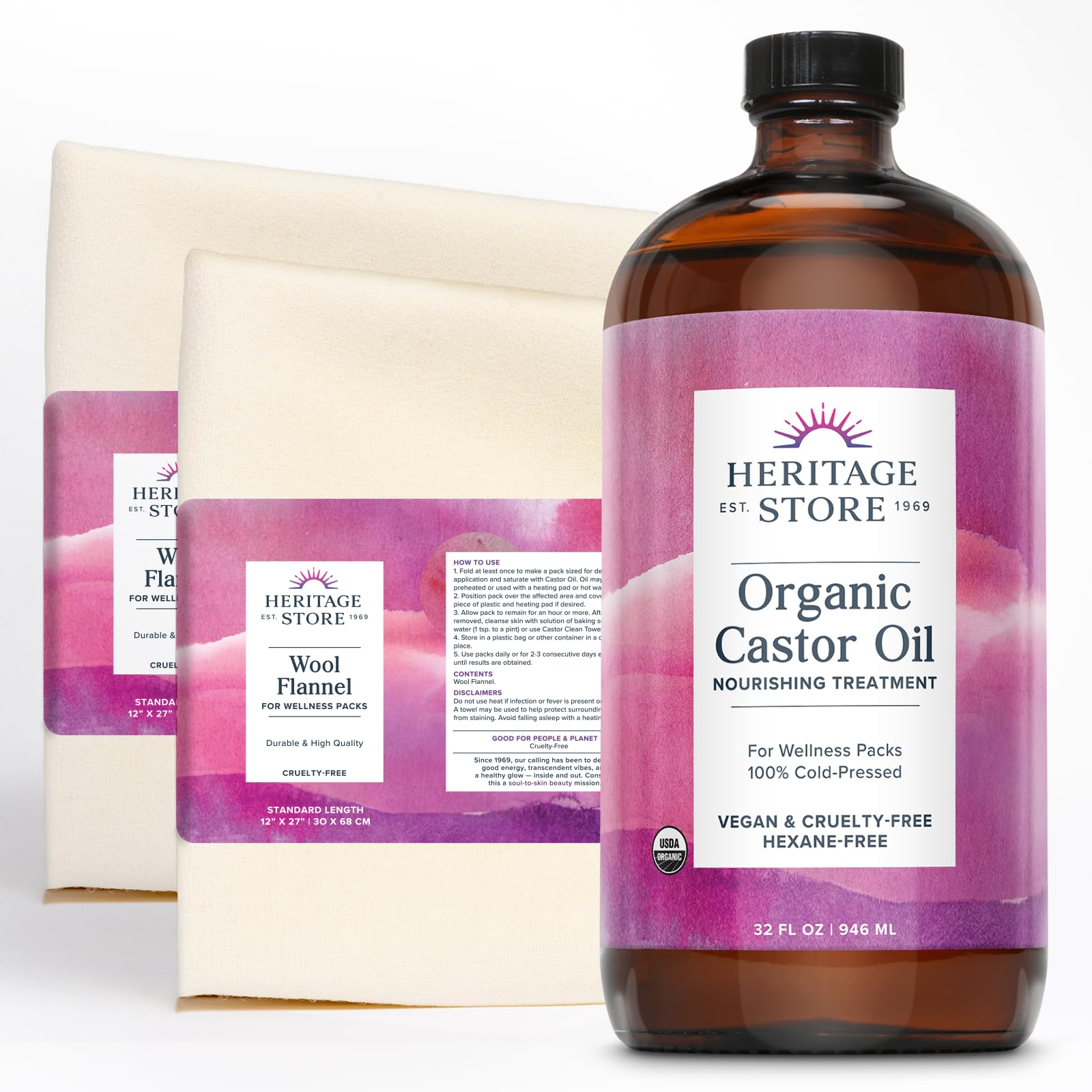 HERITAGE STORE Organic Castor Oil - Glass Bottle - Nourishing Treatment for Hair and Skin - Eyelash Serum for Eyelashes, Brows, Castor Oil Packs - Cold Pressed, Hexane Free, Vegan 16oz
