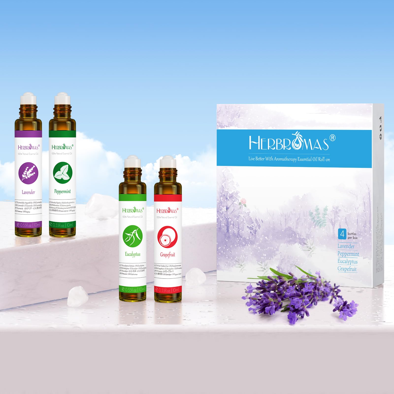 Essential Oil Roll On Set with Lavender, Peppermint, Eucalyptus & Grapefruit, Tea Tree & Vanila - Aromatherapy Relaxation Gift for Women - 6 Pack of 10ml Roll-Ons