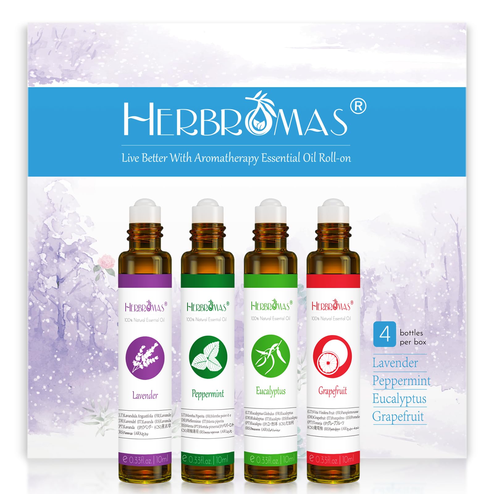 Essential Oil Roll On Set with Lavender, Peppermint, Eucalyptus & Grapefruit, Tea Tree & Vanila - Aromatherapy Relaxation Gift for Women - 6 Pack of 10ml Roll-Ons