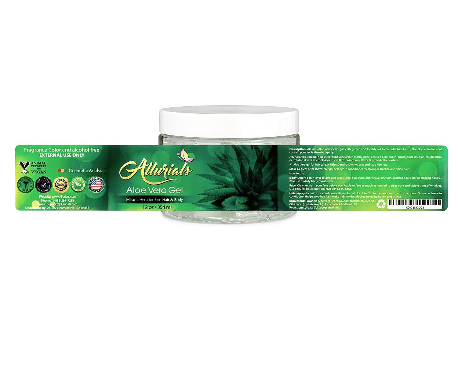 Allurials Aloe Vera Gel from USA's Freshly Cut Pure Organic Aloe, 12 Oz