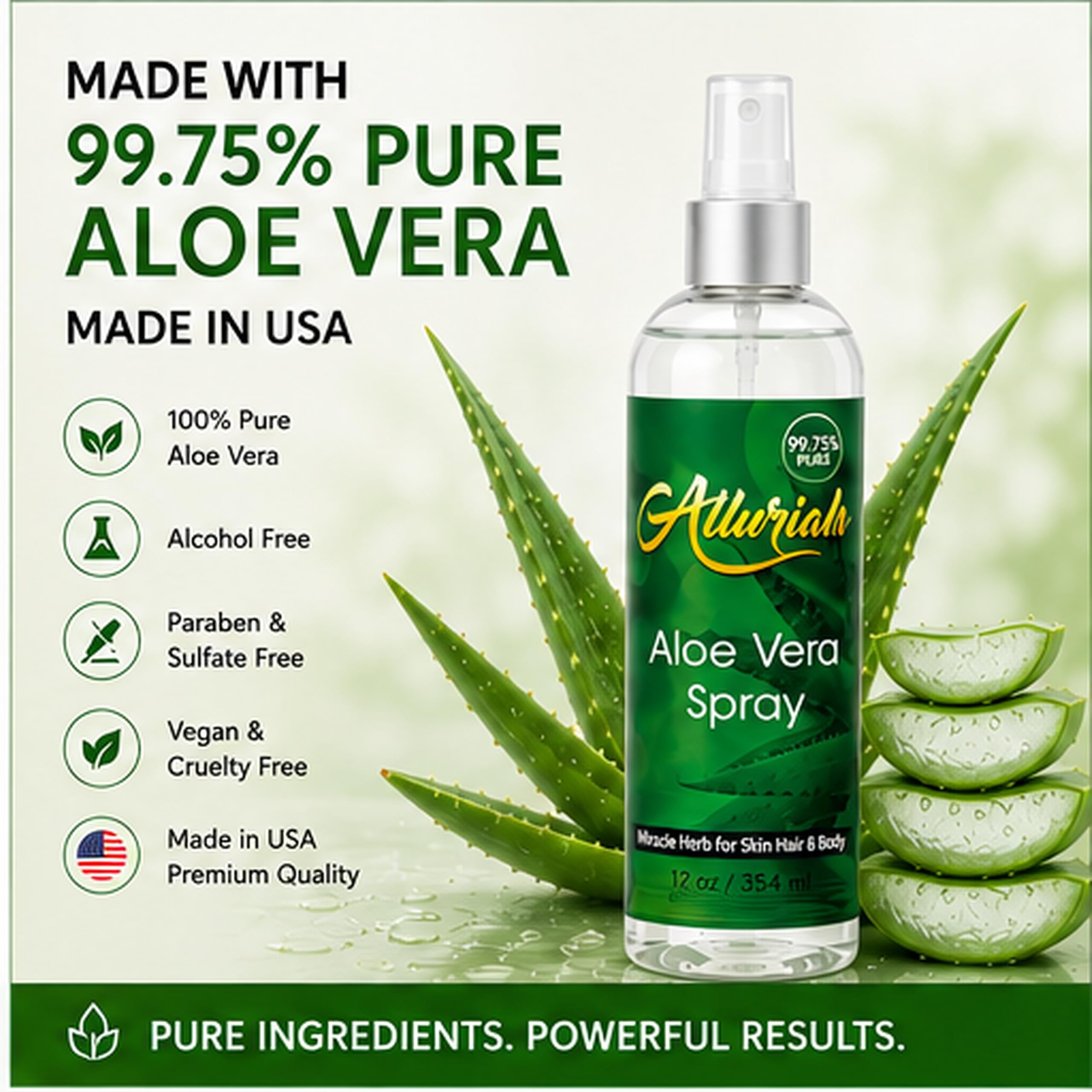 Allurials Aloe Vera Gel from USA's Freshly Cut Pure Organic Aloe, 12 Oz