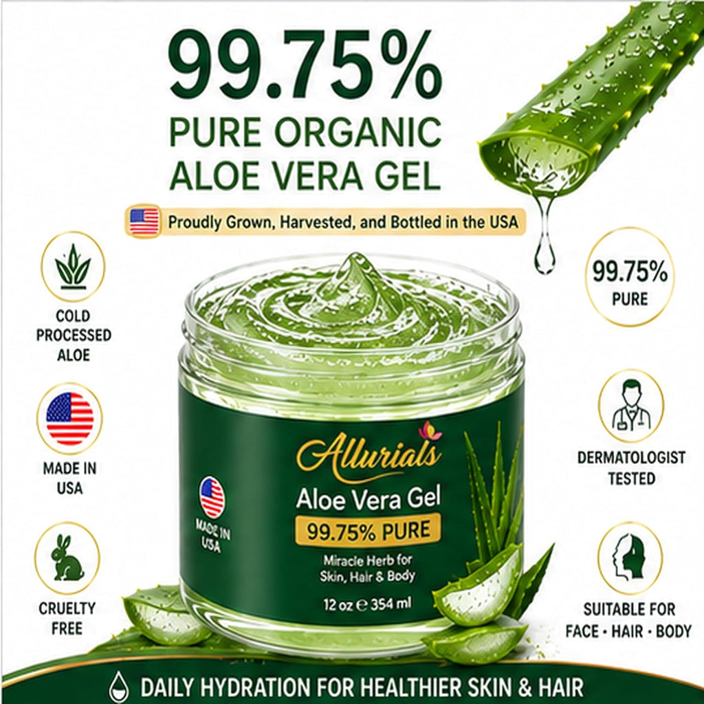 Allurials Aloe Vera Gel from USA's Freshly Cut Pure Organic Aloe, 12 Oz