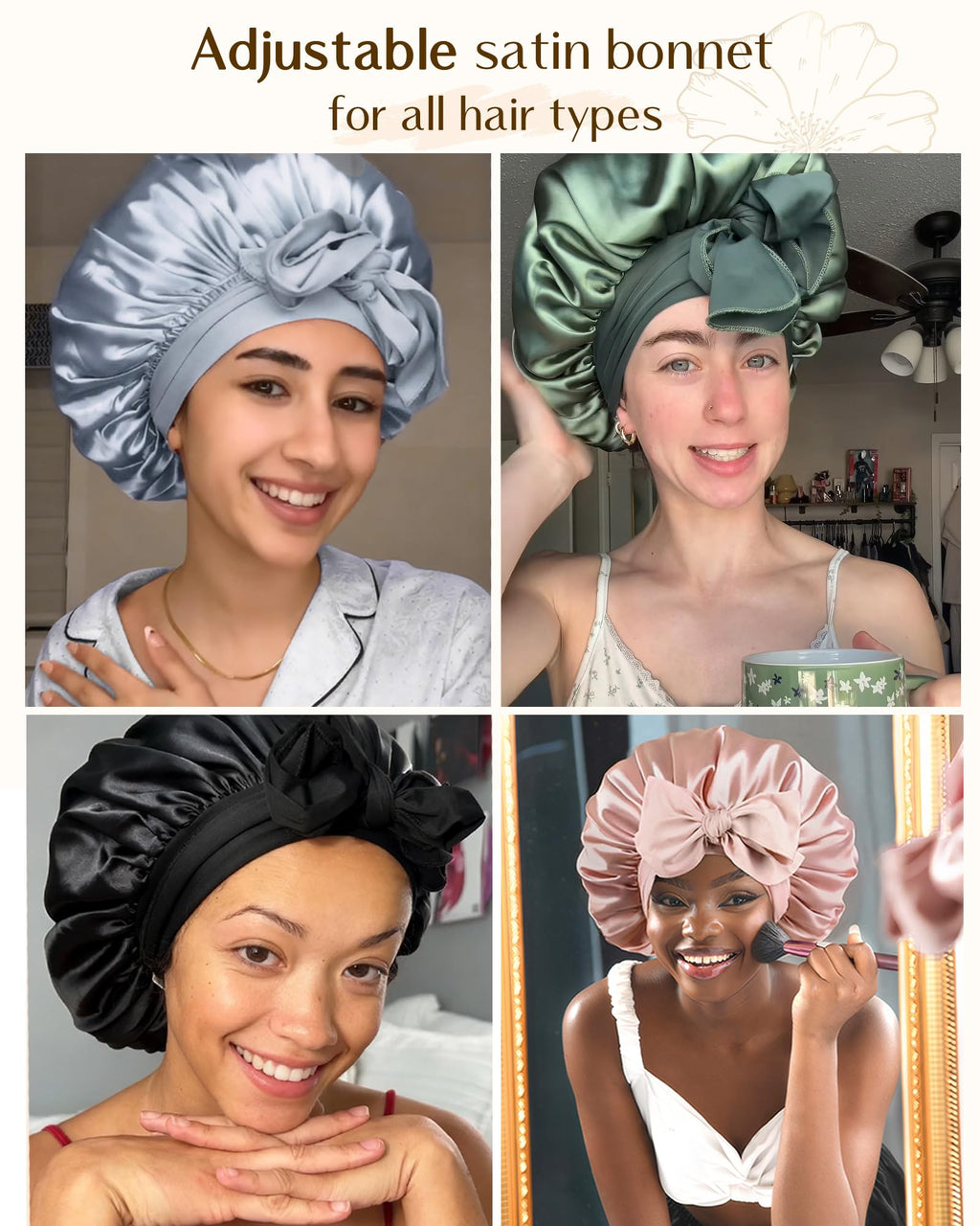 YANIBEST Adjustable Satin Bonnet for Sleeping Women Double Layer Hair Wrap Reduce Friction Prevent Frizz Natural Curly Hair