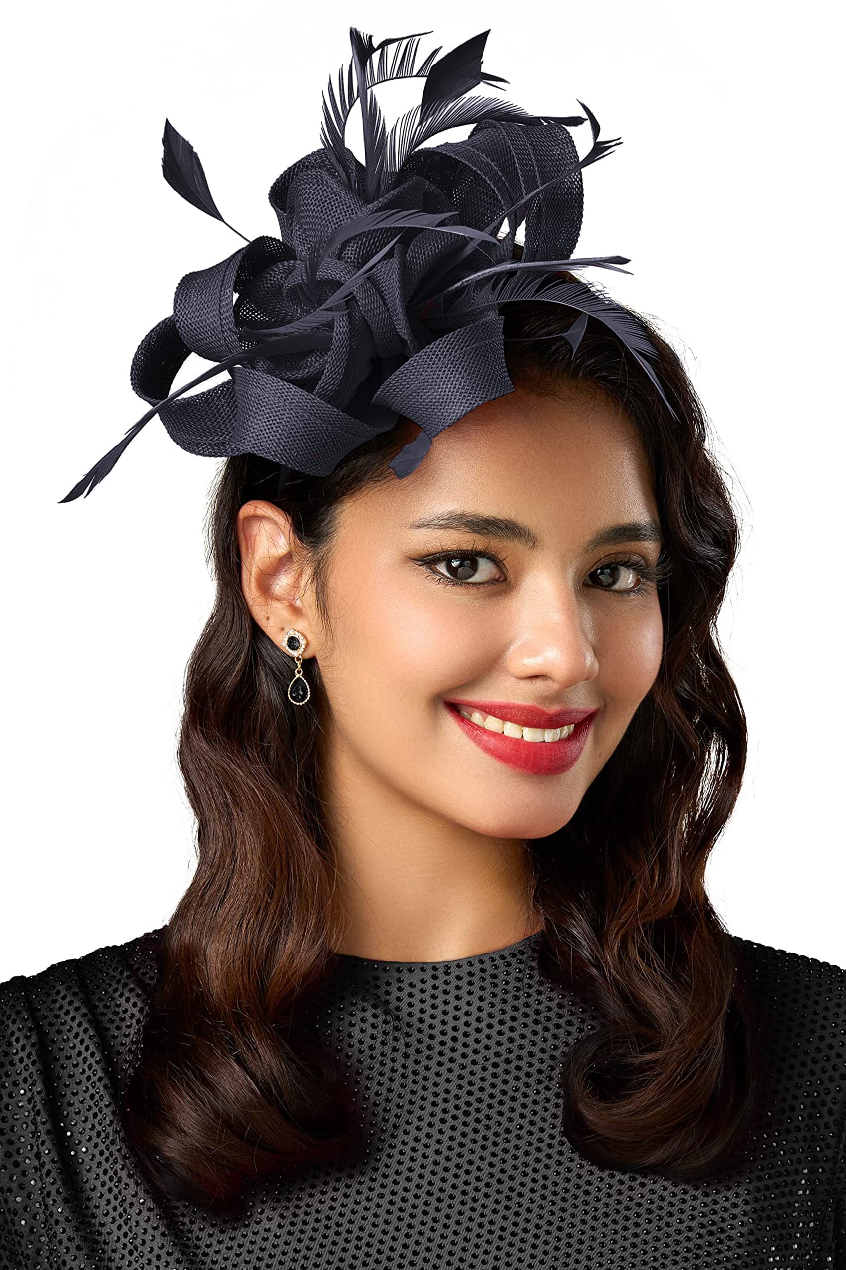 BABEYOND Fascinators Hats for Women Tea Party Ribbon Feather Derby Headband | Breathable Material, Ribbon Knot Design, Interwoven Feather Detail, Hair Clip, Wedding, Horse Racing, Gatsby Party