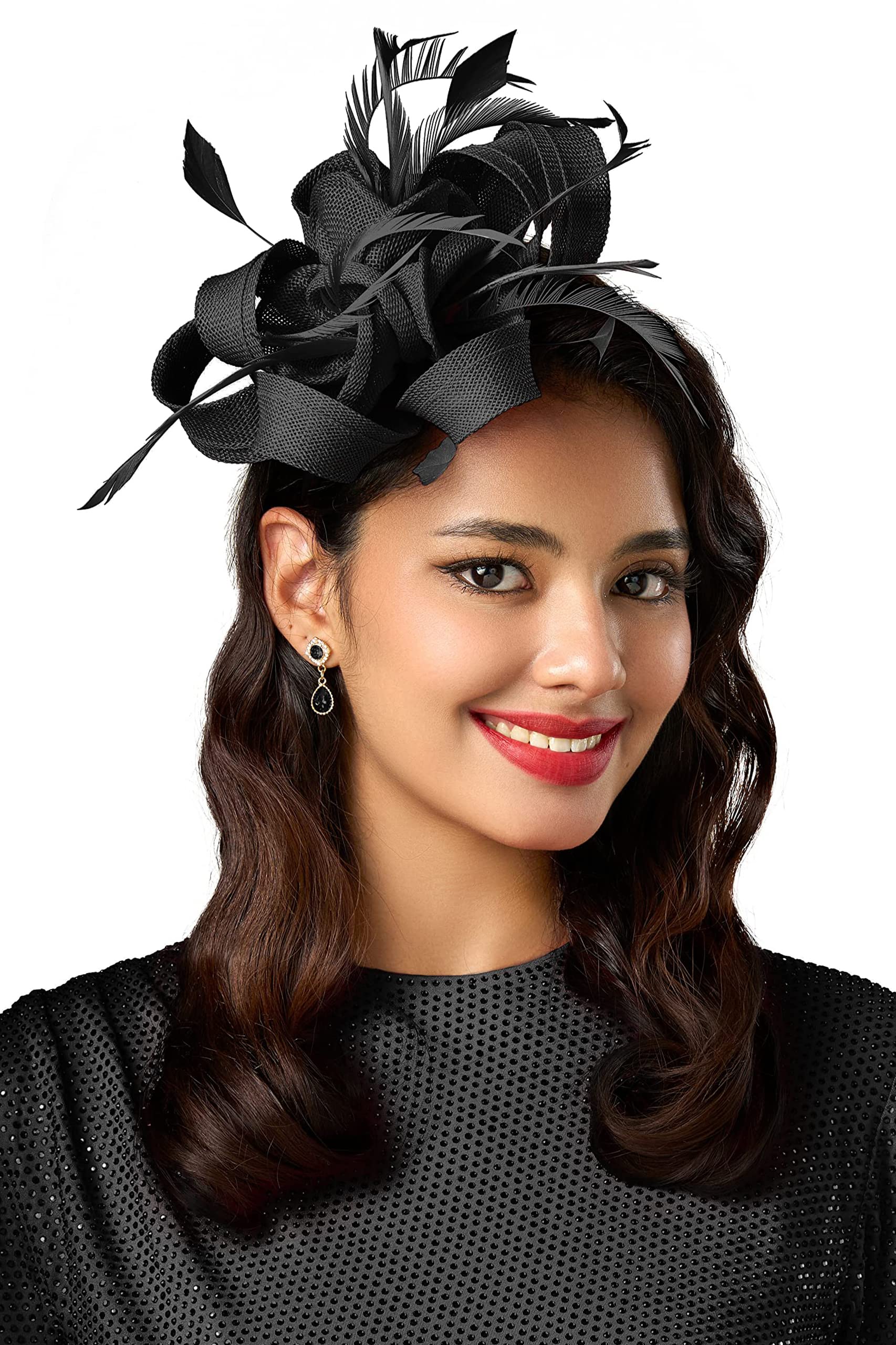 BABEYOND Fascinators Hats for Women Tea Party Ribbon Feather Derby Headband | Breathable Material, Ribbon Knot Design, Interwoven Feather Detail, Hair Clip, Wedding, Horse Racing, Gatsby Party