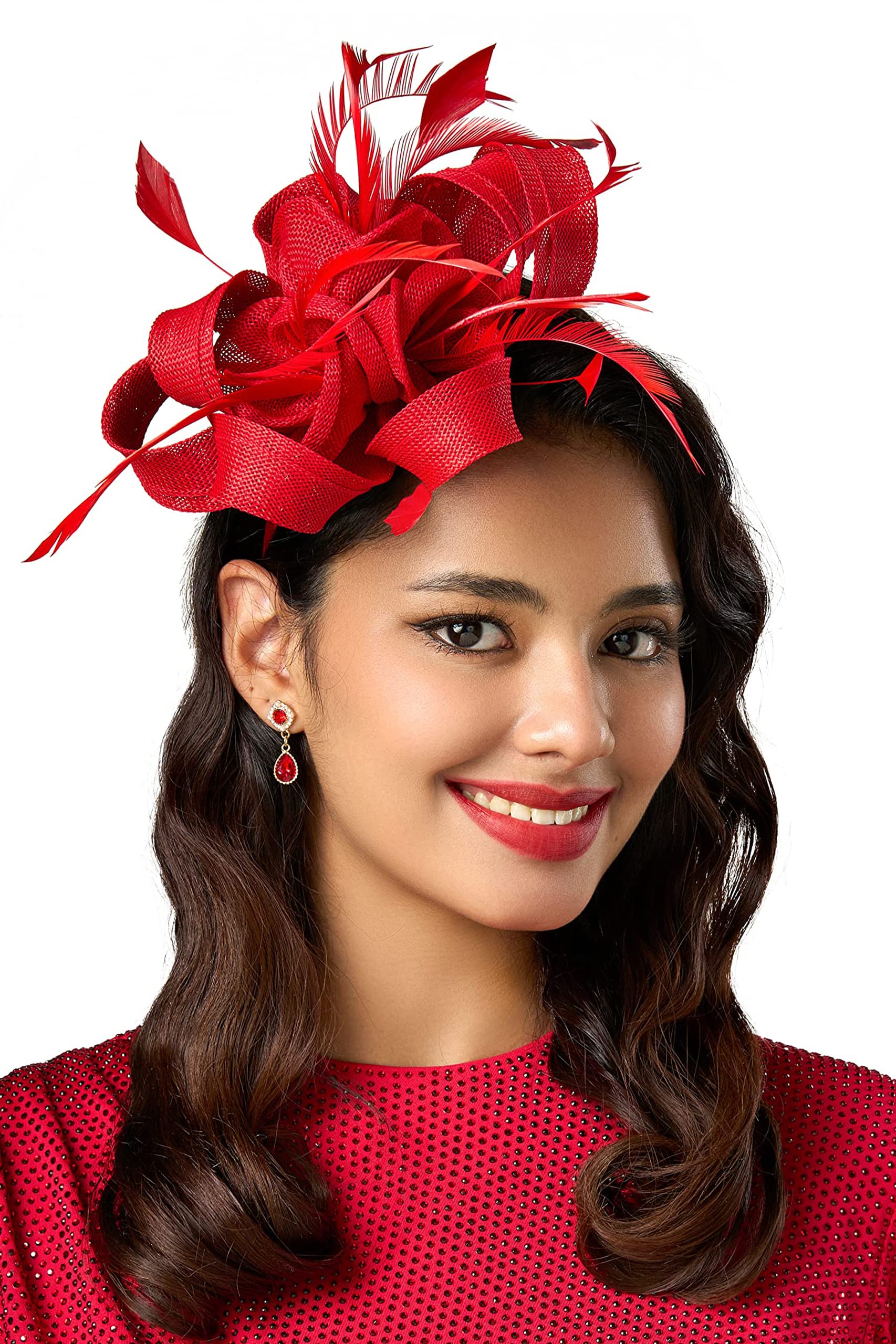 BABEYOND Fascinators Hats for Women Tea Party Ribbon Feather Derby Headband | Breathable Material, Ribbon Knot Design, Interwoven Feather Detail, Hair Clip, Wedding, Horse Racing, Gatsby Party