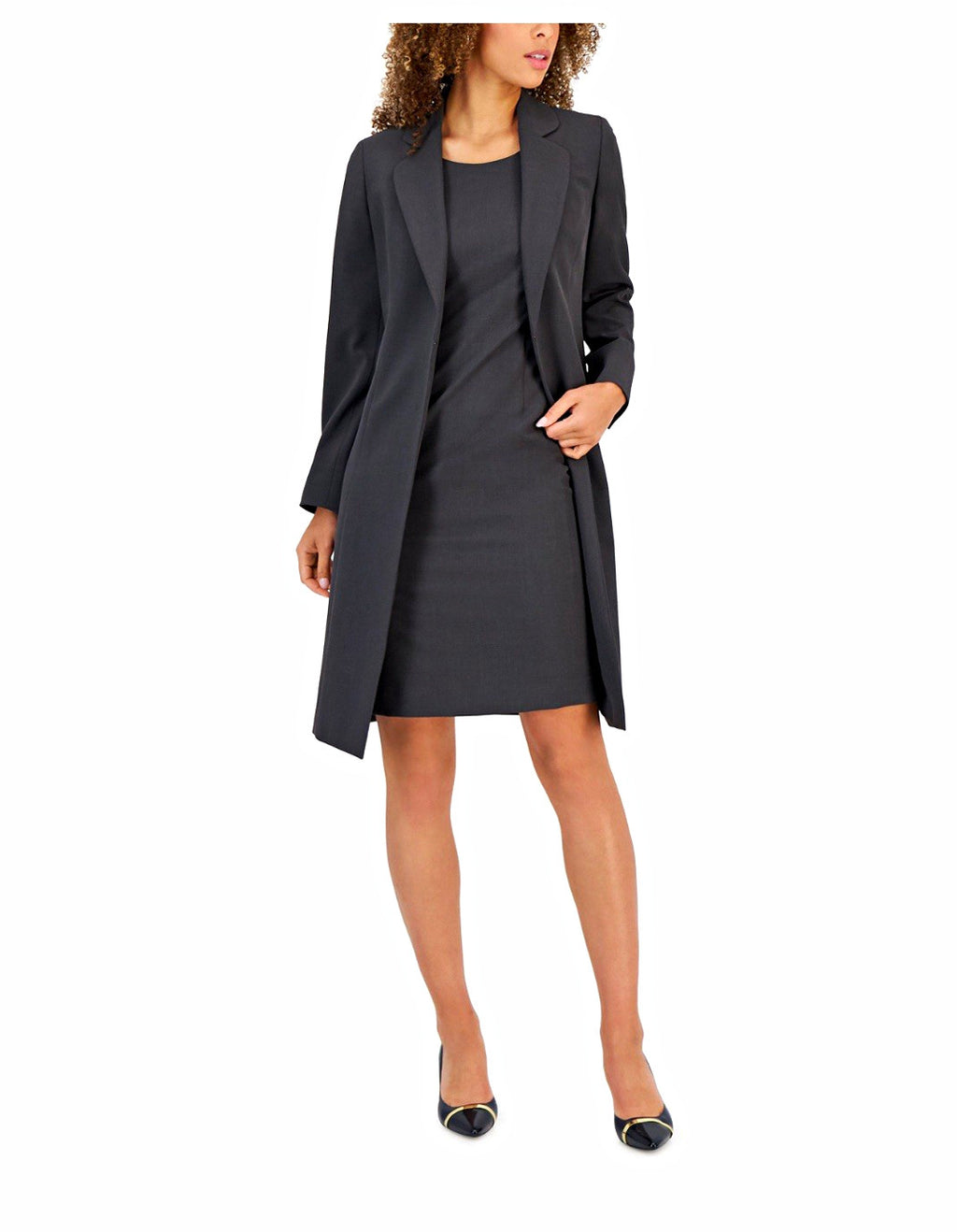 Le Suit  2pc Charcoal Solid Mid-Length Overcoat Womens Size 12 Long Sleeve Lined
